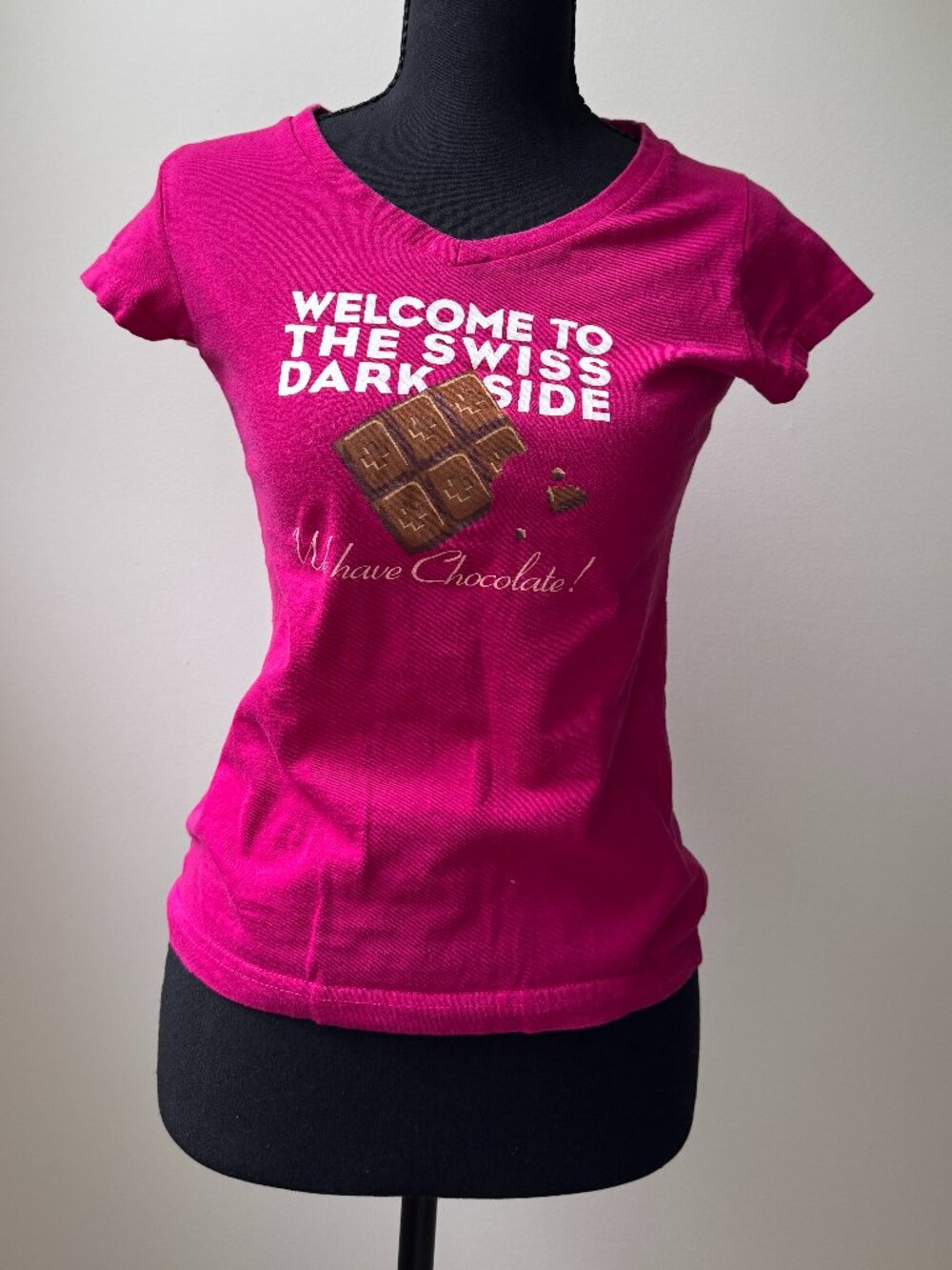Sol's Moon Swiss Chocolate Graphic Tee Hot Pink V-Neck Souvenir T-Shirt Small